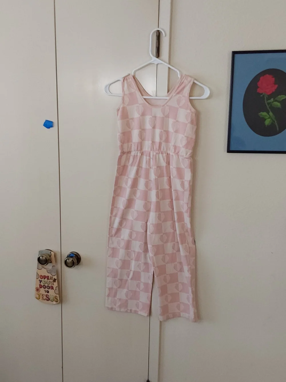 Girls Pink Checkered Strawberry-Print Casual Jumpsuit